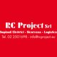 Logo rosso di RC Project Srl, impianti elettrici, sicurezza, logistica con contatti email e telefono.