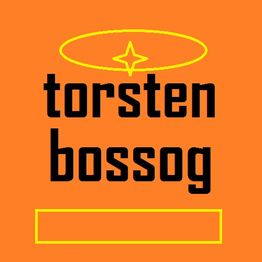 Orange Grafik mit schwarzem Text "torsten bossog", einem Sternsymbol und gelbem Rechteck.