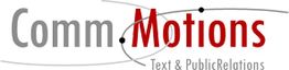 Logo mit dem Text "Comm Motions, Text & PublicRelations" in Grau und Rot mit Linien und Punkten.