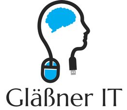 Kopf-Silhouette als USB-Kabel mit blauem Gehirn, darunter Text "Gläßner IT".