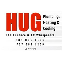HUG Plumbing, Heating & Cooling contact details and slogan: "The Furnace & AC Whisperers."