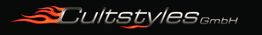 Schriftzug "Cultstyles GmbH" mit Flammenmotiv auf schwarzem Hintergrund.