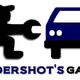 Silhouette of a mechanic with a wrench next to a blue car. Text below: "GARAGE".