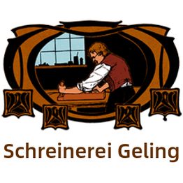 Illustration eines Tischlers bei der Arbeit, umgeben von dekorativen Mustern, Text: Schreinerei Geling.