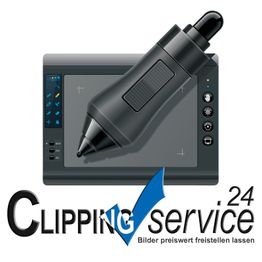 Grafiktablett und Stift, darunter Text: "Clipping Service 24 - Bilder preiswert freistellen lassen".