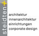 Grauer Hintergrund mit gelbem Kreuz und Text: Architektur, Innenarchitektur, Einrichtungen, Corporate Design.