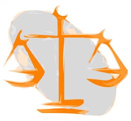 Orange Waage vor grauem Hintergrund, stilisiertes Symbol für Gleichgewicht und Gerechtigkeit.