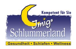Logo mit gelbem Mond, Text: "Schlummerland, Gesundheit, Schlafen, Wellness, Kompetent für Sie".