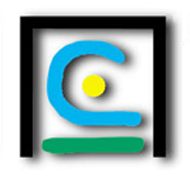 Abstraktes Logo mit blauem C, gelbem Kreis und grünem Balken in schwarzem Rahmen.