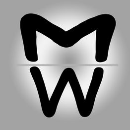 Logotipo con la letra M invertida sobre W, separadas por una línea horizontal gris, fondo gris.