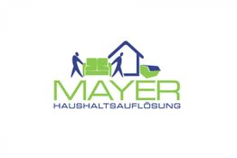 Logo von "Mayer Haushaltsauflösung" mit Figuren, Haus, Sofa und Container in Blau und Grün.