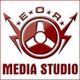 Logo mit stilisiertem Propeller, Pfeilen und Schriftzug "EOR Media Studio" in Rot auf Weiß.