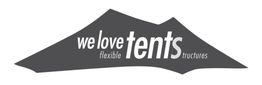 Logo in Zeltform mit Text: "we love flexible tent structures" in Grautönen.