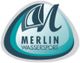 Logo von Merlin Wassersport mit Segel und Schriftzug in Blau- und Grüntönen.