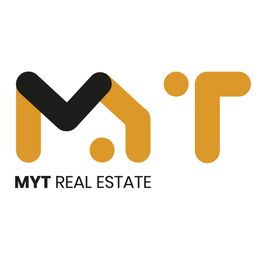 Logo de MYT Real Estate con diseño en negro y dorado sobre fondo blanco.