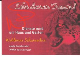 Roter Hintergrund mit Gepard und Text: "Lebe deinen Traum! Dienste rund um Haus und Garten".