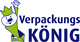Logo mit gezeichneter Figur in Krone und Text "Verpackungs König" in Blau und Grün.
