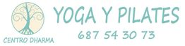 Centro Dharma, Yoga y Pilates, con número de teléfono: 687 54 30 73. Logo de árbol.