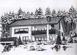 Schwarz-Weiß-Zeichnung eines zweistöckigen Hauses im Wald, umgeben von Bäumen und Büschen.