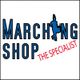 Logo mit Schriftzug "Marching Shop" in Blau und "The Specialist" in Rot, daneben marschierende Figur.