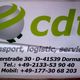 Schild mit Firmenlogo "cdt", Adresse in Dormagen und Kontaktinfos für Transport und Logistik.