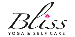 Schwarz-rosa Logo mit dem Schriftzug "Bliss Yoga & Self Care" und einem rosafarbenen Stern.