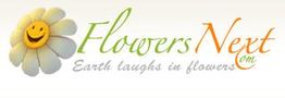 Smiling flower logo with "FlowersNext.com" and slogan "Earth laughs in flowers."