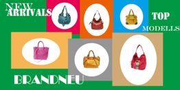 Bunte Handtaschen auf farbigem Hintergrund, Text: "New Arrivals", "Top Modells", "Brandneu".