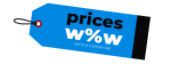Etiqueta azul con texto "prices wow" en blanco.