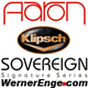Logos von Aaron, Klipsch und Sovereign mit Webseite WernerEnge.com in schwarzer und roter Schrift.