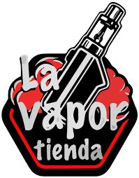 Logotipo con un vaporizador y texto "La Vapor Tienda" en colores negro y rojo.