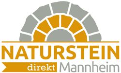 Logo von Naturstein Direkt Mannheim mit steinartigem Bogen in Grau und Orange.