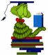 Eine grüne Raupe mit Doktorhut liest ein blaues Buch, sitzend auf einem Stapel bunter Bücher.