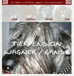 Hund mit Text "Tierpension Wagner / Ganss", Website-Menü oben.