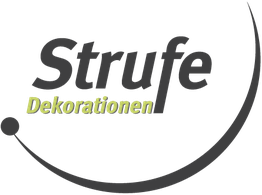 Logo mit Text "Strufe Dekorationen" und einem Halbkreis-Design in Schwarz und Gelb.