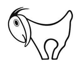 Strichzeichnung einer stilisierten Ziege mit geschwungenen Konturen und großen, runden Augen.