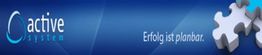 Blaues Logo mit "active system" und Slogan "Erfolg ist planbar" neben Puzzleteil.