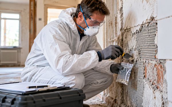 Ein Baustoffprüfer entnimmt bei der Altbausanierung mit Schutzanzug, Atemschutzmaske und Handschuhen eine Materialprobe aus altem Fliesenkleber, um diesen auf mögliche Schadstoffe wie Asbest untersuchen zu lassen.