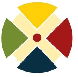 Ein Kreis mit bunten Segmenten: Gelb, Grün, Blau, Rot und einem roten Punkt in der Mitte.