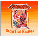 Illustration einer thailändischen Massage unter einem Dach. Text: "Sabai Thai Massage".