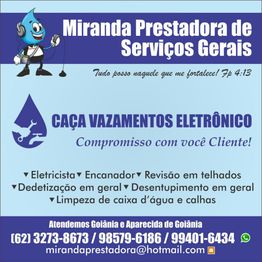 Anúncio de serviços gerais com destaque para caça vazamentos eletrônicos. Contato em Goiânia.