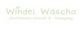 Logo von "Windel Wäscha", Stoffwindel-Verleih und -Reinigung, in grüner Schrift mit kleinem Blatt.