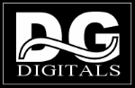 Schwarz-weißes Logo mit den Buchstaben "DG" und dem Wort "Digitals" in einem Rechteck.