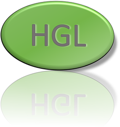 Grüner ovaler Button mit Spiegelung und den Buchstaben "HGL" in der Mitte.