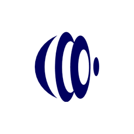 Logotipo abstracto azul con formas elípticas y círculos superpuestos en un fondo blanco.