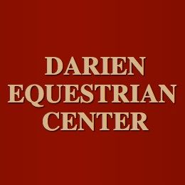 Text "Darien Equestrian Center" in gold on a red background.