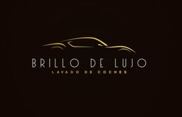 Silueta de coche dorado con texto: "Brillo de Lujo, Lavado de Coches" sobre fondo oscuro.