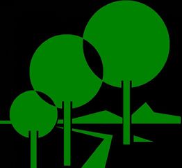 Abstrakte grüne Bäume vor schwarzem Hintergrund, geometrisch dargestellt.