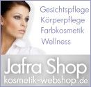 Frau mit Text "Gesichtspflege, Körperpflege, Farbkosmetik, Wellness" und "Jafra Shop" Logo.
