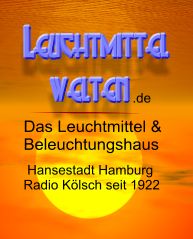 Text auf Sonnenuntergangshintergrund: "Leuchtmittel Waten, Beleuchtungshaus Hamburg, seit 1922".